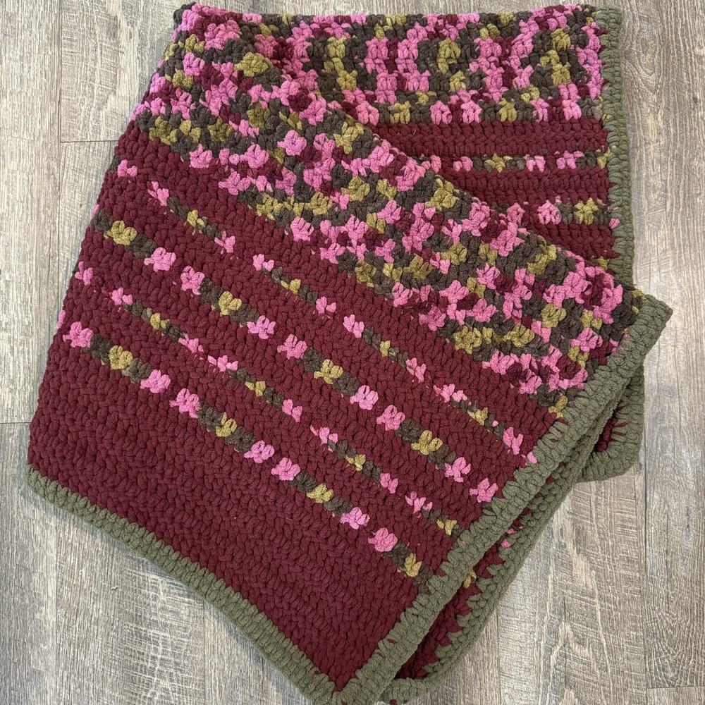 Handmade Afghan Pink Green Maroon Throw Afghan 41x43.5" Soft Couch Throw